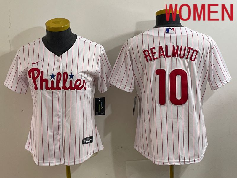 Women Philadelphia Phillies #10 Realmuto White stripe Game 2024 Nike MLB Jersey style 1->women mlb jersey->Women Jersey